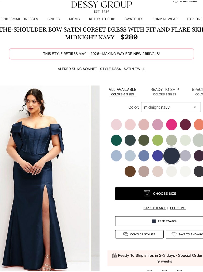 Dessy Midnight Navy One-Shoulder Satin Corset Gown